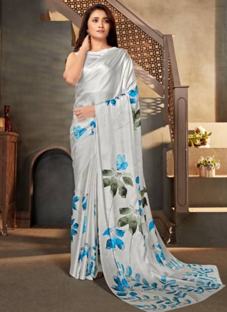 White And Blue Colour Maira Monjolika New Latest Party Wear Satin Crepe Saree Collection 4306